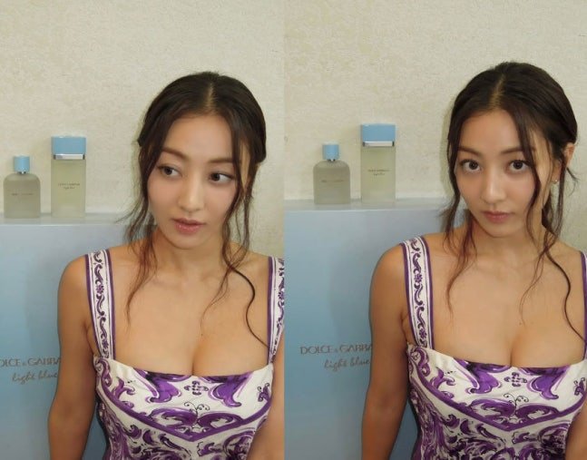 Jihyo de TWICE en robe violette élégante lors d’un shooting Instagram